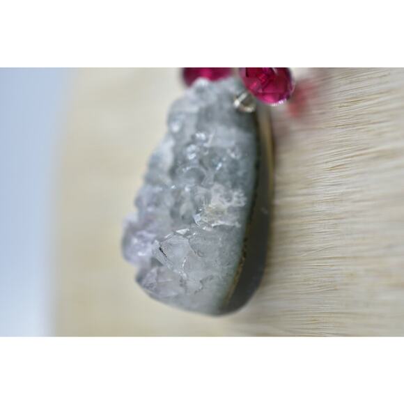 Geode Pendant Necklace Natural Cracked  Statement Red Crystal Beaded BinA - Picture 7 of 12